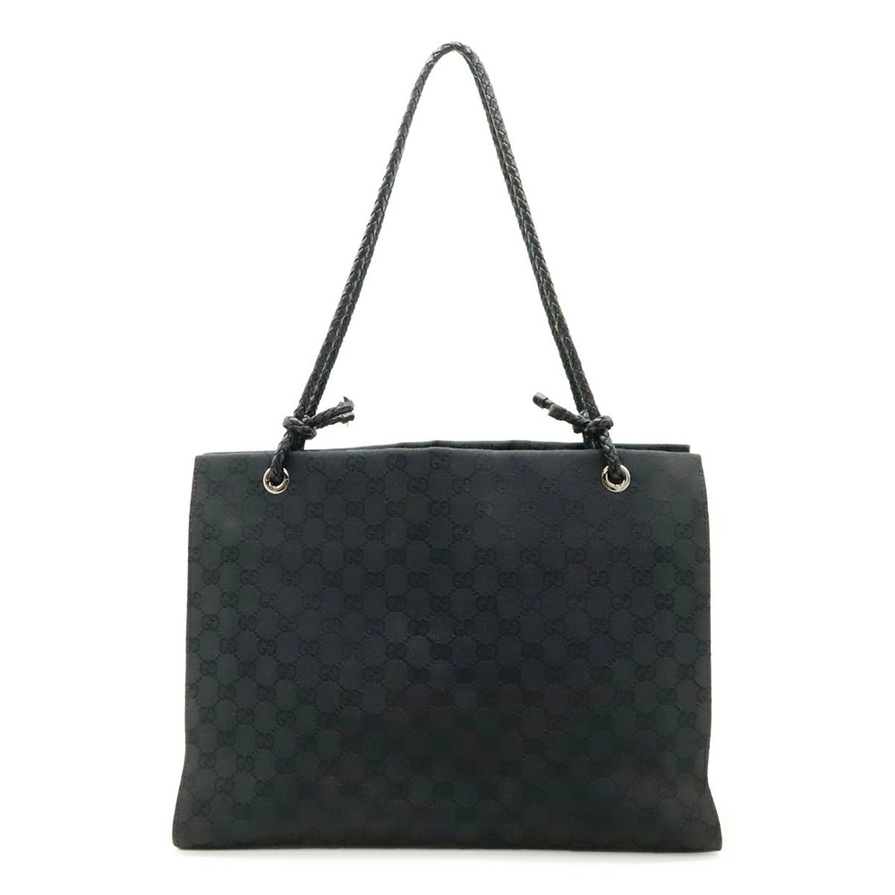Gucci GG Canvas Tote Bag Shoulder Woven Strap Leather Black